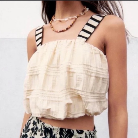 Zara Combination Strap Balloon Tank Top Cream Black Stripe Boho Size Small